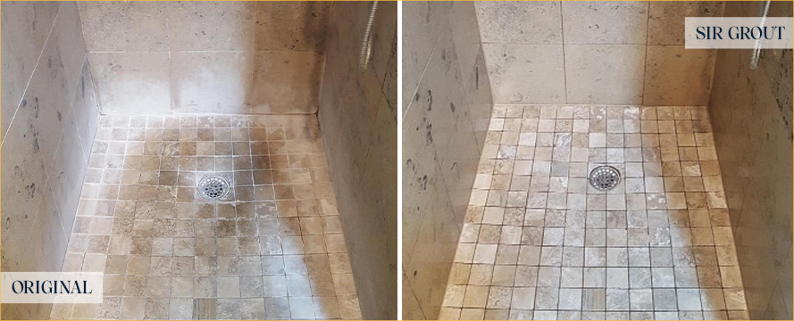 Shower Floor and Seams Before and After a Stone Cleaning in Richmond