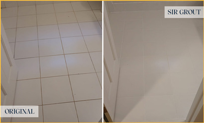 Bathroom Floor Before and After a Grout Cleaning in Houston