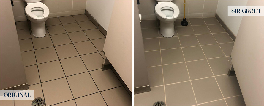 Floor and Bathroom Cubicle Before and After a Grout Cleaning in Houston