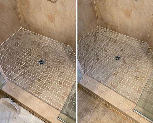 Shower Floor and Walls Before and After a Service from Our Tile and Grout Cleaners in The Woodlands