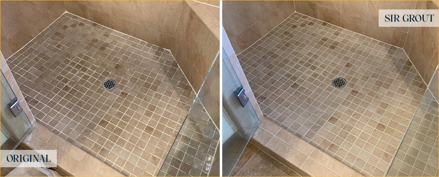 Shower Floor and Walls Before and After a Service from Our Tile and Grout Cleaners in The Woodlands