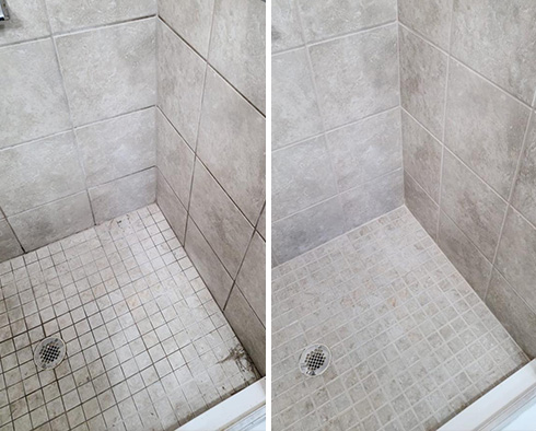 Shower Stall Before and After a Service from Our Tile and Grout Cleaners in Richmond, TX
