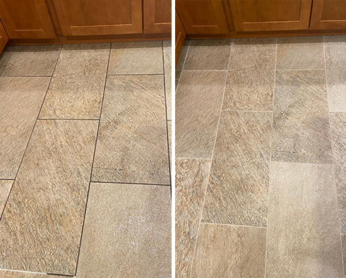 Kitchen Floor Before and After a Grout Cleaning in Conroe