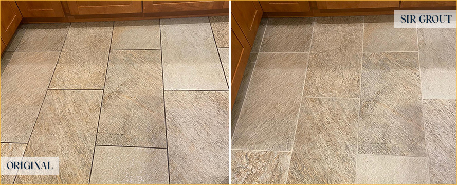 Kitchen Floor Before and After a Grout Cleaning in Conroe