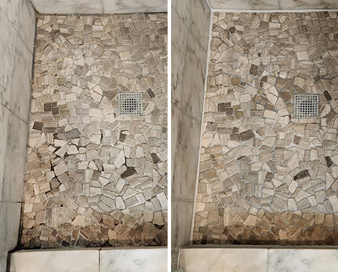 Shower Before and After a Flawless Stone Cleaning in Houston, TX 