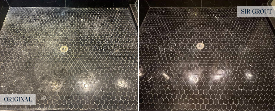Shower Before and After a Flawless Stone Cleaning in Houston, TX