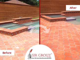 This Saltillo Tile Pool Deck in Houston Was Treated with a Stone Sealing Service to Prevent Damage