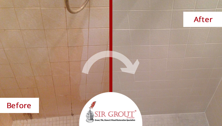 The Floor and Walls of this Old Shower in Sugar Land, TX were Restored with a Grout Recoloring Service. Before & After Picture of a Grout Recoloring Service in Sugar Land, Texas