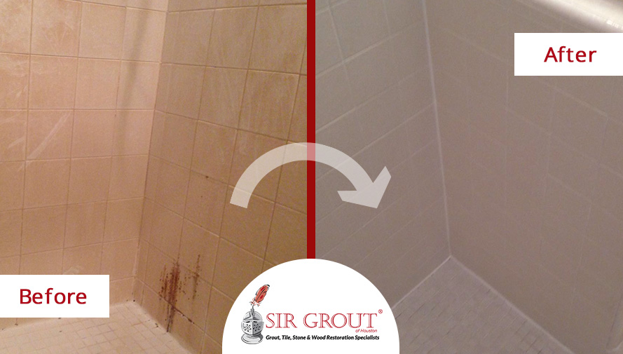 Before & After Picture of a Shower Grout Recoloring in Sugar Land, Texas