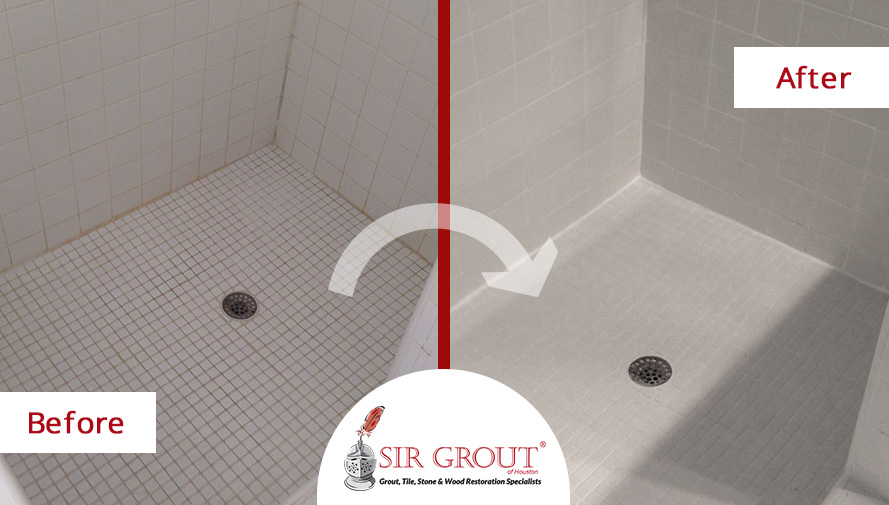 This Bathroom Went from Dingy to Amazing with a Grout Sealing Service in Katy, Texas Before and After Picture of a Grout Sealing Service in Katy, Texas