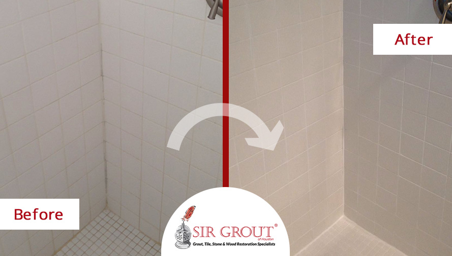 A Bathroom in Katy, Texas Went from Dingy to Amazing with a Grout Sealing Service Before and After Picture of a Grout Sealing in Katy, TX