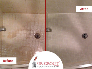 Before and After Picture of a Grout Cleaning Service in Sugar Land, TX