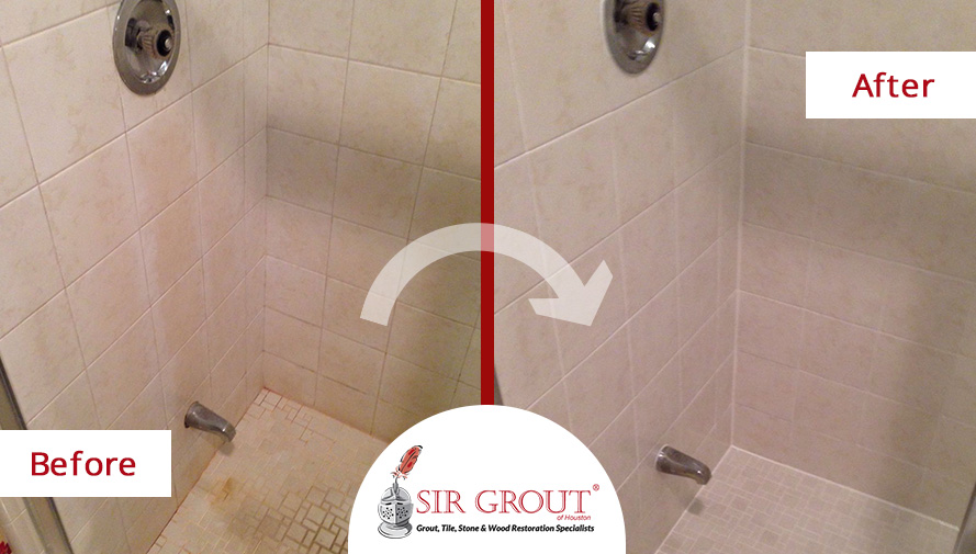 Before and After Picture of a Grout Cleaning in Sugar Land, Texas