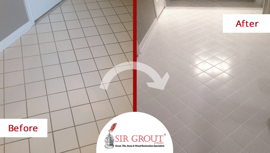 Before and After Picture of a Grout Recoloring in Sugar Land, Texas