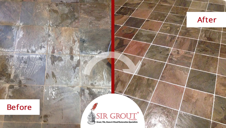 You Won't Believe How This Slate Floor in Houston, Texas, Was Modernized with a Stone Cleaning Service Before and After Picture of Stone Cleaning in Houston, TX