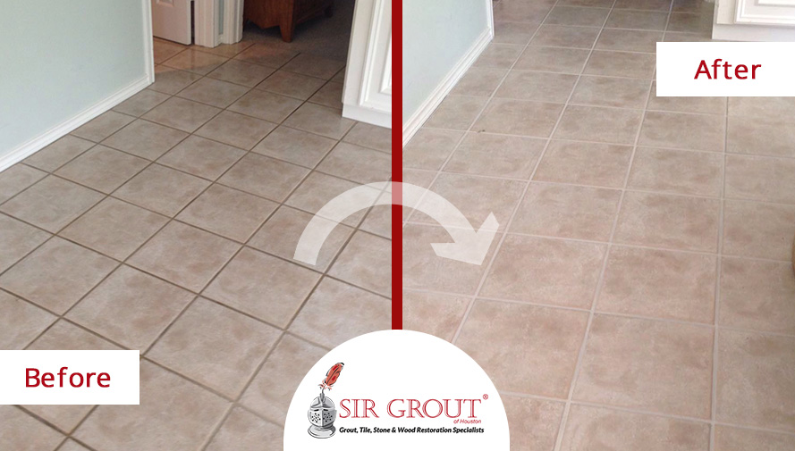 A Grout Recoloring Transformed Both the Kitchen and Living Room of This Houston Resident Before and After Picture of a Grout Recoloring Service in Houston, TX