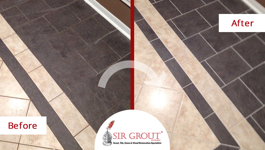Grout Cleaning Revitalizes the Office and Den Floors of a Customer's House in Sugar Land, Texas Before and After Picture of a Grout Cleaning Service in Sugar Land, TX