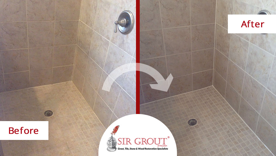 Goodbye, Dull Floors! See How a Grout Sealing Service Renovated the Look of this Gorgeous Marble Shower in Spring, TX Before and After Picture of a Grout Sealing Service in Spring, Texas