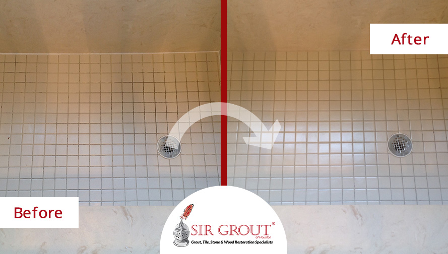 This Shower in Houston, TX, Said Goodbye to Mold Thanks to a Grout Cleaning Service Before and After Picture of a Grout Cleaning in Houston, Texas