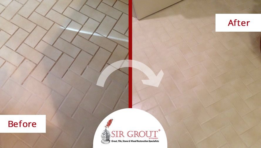 A Grout Cleaning Service Transformed This Stained Floor in Houston, Texas Before and After Picture of a Grout Cleaning Service in Houston, Texas