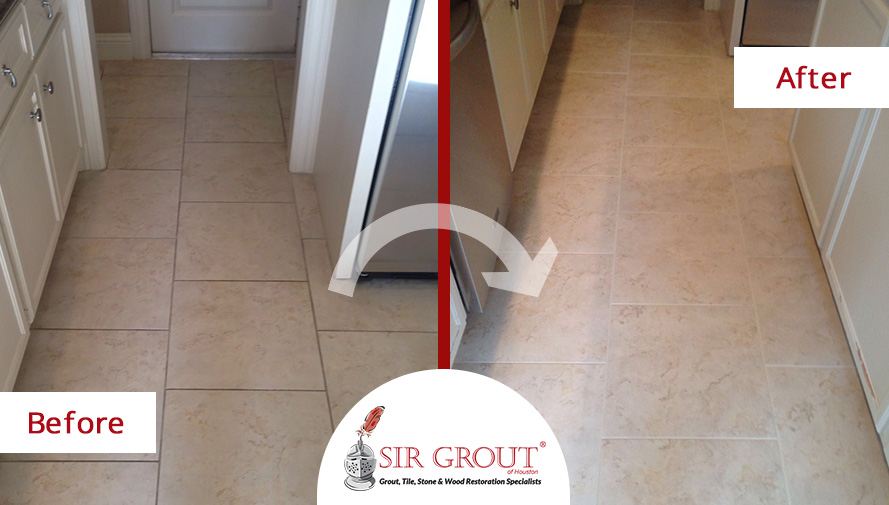 A Grout Cleaning in Houston Refreshed and Protected the Ceramic Floors of this Kitchen Before and After Picture of a Grout Cleaning Job in Houston, Texas