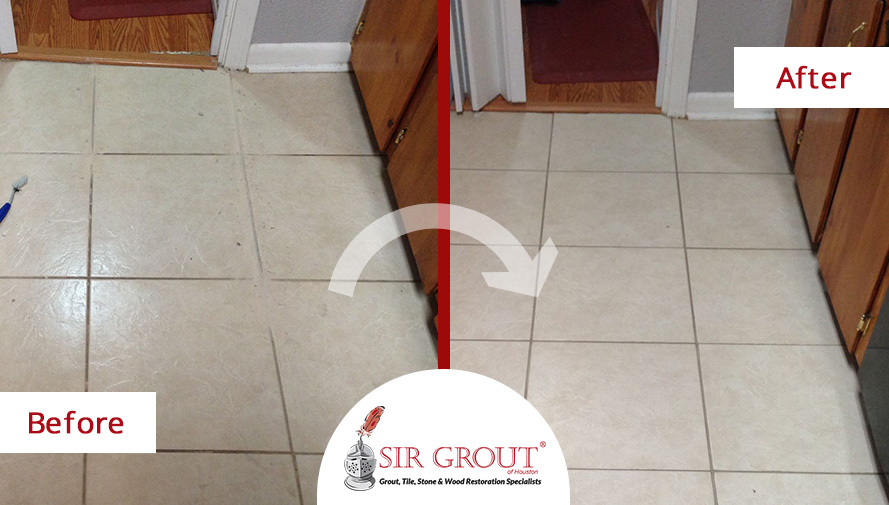 Before and After Picture of a Floor Grout Recoloring Service in Hitchcock, TX