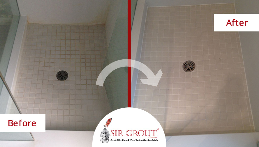 This Discolored Shower Floor Looks Neat Thanks to Our Grout Cleaning Service in Houston, TX Before and After Picture of a Grout Cleaning Service in Houston, TX