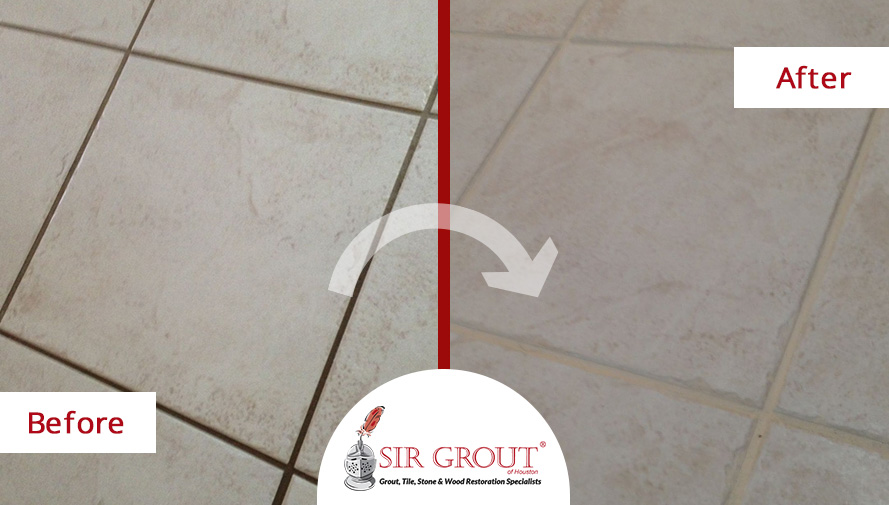 Our Grout Cleaning Service Restored This Worn out Floor in Houston, TX Before and After Picture of a Grout Cleaning Service in Houston, TX