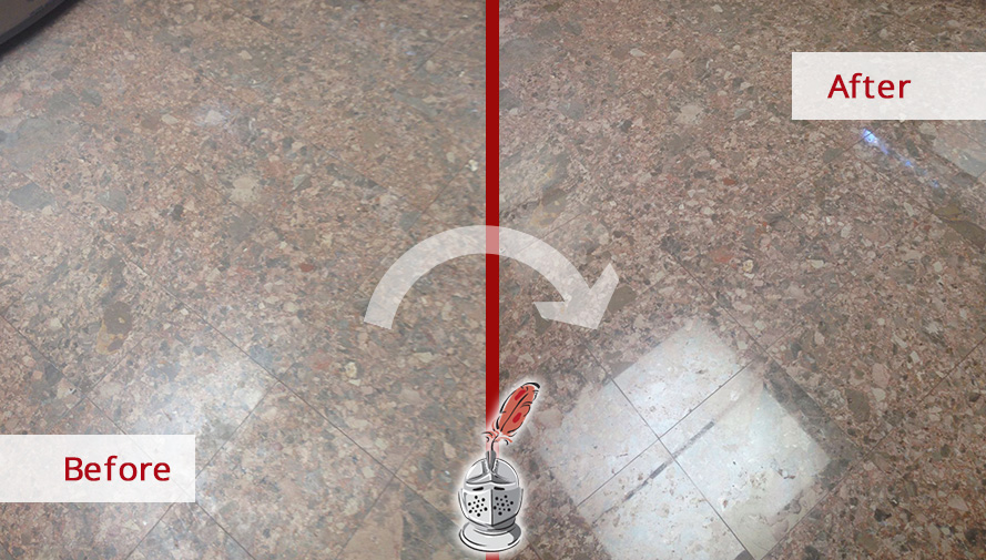 Sir Grout Houston Enhanced This Dull Floor with a Polishing Service in Houston, TX Before and After Picture of a Stone Floor Polishing Service in Houston, TX
