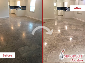 Before and after Picture of Our Stone Polishing Job That Transformed This Travertine Floor in Houston, TX