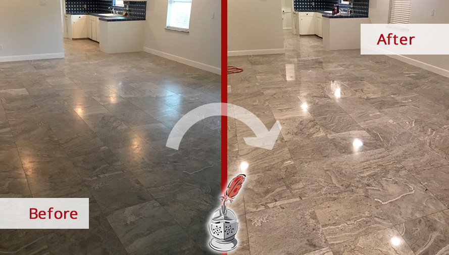 Before and after Picture of Our Stone Polishing Job That Transformed This Travertine Floor in Houston, TX