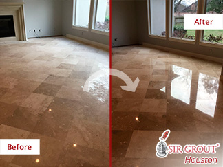 Before and after Picture of This Stone Polishing Job That Brought Back the Shiny Appearance of This Marble Floor in Houston, TX