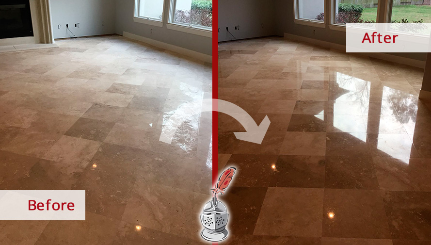 Before and after Picture of This Stone Polishing Job That Brought Back the Shiny Appearance of This Marble Floor in Houston, TX