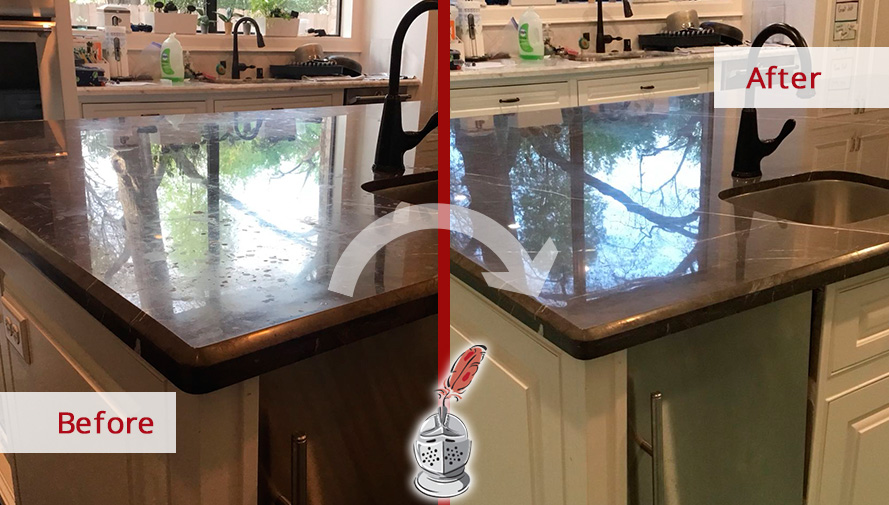 Before and after Picture of This Drastic Change of This Marble Countertop in Houston, TX, after a Stone Polishing Job