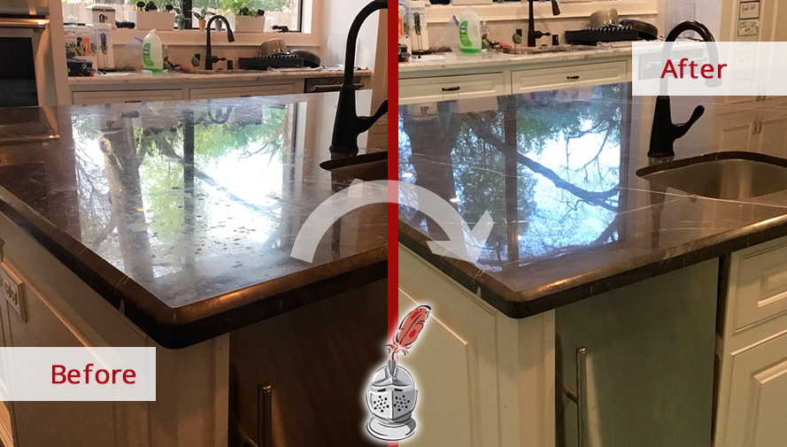Thanks to Our Stone Polishing Job This Marble Kitchen Countertop Was Drastically Changed in Houston, TX Before and after Picture of This Drastic Change of This Marble Countertop in Houston, TX, after a Stone Polishing Job