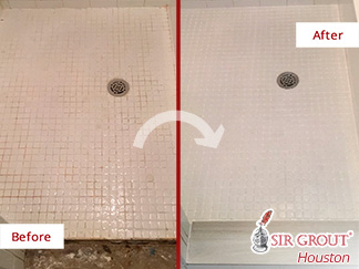 Before and after Picture of This Shower Now Restored after a Professional Grout Cleaning Process Done in Houston, TX