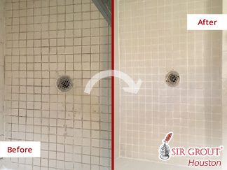 Before and After Picture of a Shower Grout Cleaning Job in Houston, Tx