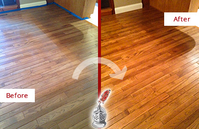 Sir Grout Refinished This Dull Wallis Wood Floor with a Sand Free Refinishing Service to Recover Its Sheen Before and After Picture of a Wallis Wood Sand Free Refinishing Service on a Dull Floor to Recover Its Sheen