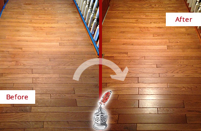 Sir Grout Refinished This Dull Wallis Hallway Floor with a Sand Free Refinishing Service Before and After Picture of a Wallis Wood Sand Free Refinishing Service on a Dull Hallway