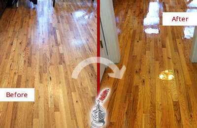 Sir Grout Refinished This Worn Out Wallis Hallway Floor with a Sand Free Refinishing Service Before and After Picture of a Wallis Wood Sand Free Refinishing Service on a Worn Out Hallway