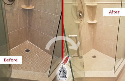 Sir Grout Caulks this Porcelain Tile Bathroom to Avoid Water Leakages Before and After Picture of a Bathroom Caulking on a Porcelain Tile Shower