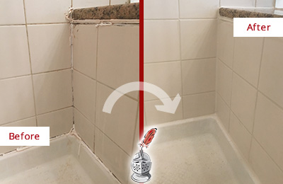 Sir Grout Recaulked this Bathroom Shower's Joints and Grout to Replace Old Caulking Before and After Picture of Grout Recaulking on the Shower Joints