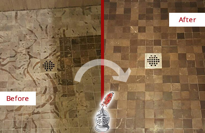 Before and After Picture of a Heavily Etched Shower Marble Floor Restored