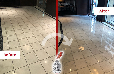 Sir Grout Houston Stone Services Help Maintain, Clean, and Polish Building Lobbies and Commercial Offices Stone Surfaces Picture of a Building Marble Entrance Floor Before and After Stone Restoration, Cleaning and Polishing