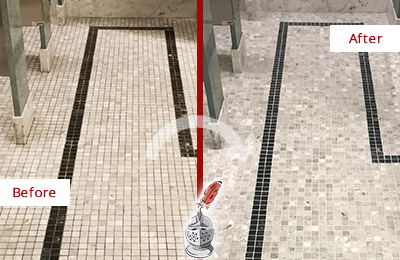 Sir Grout Houston Stone Cleaning Services Can Help Repair the Look of this Grimy Hospital's Restroom Before and After Picture of a Hospital Travertine Bathroom Floor Stone Cleaning Service