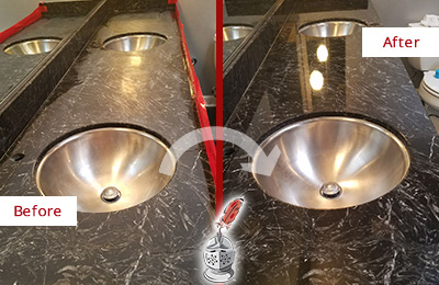 Sir Grout Houston Stone Services Are Ideal for Enhancing Restrooms Marble Countertops and Keep Them Perfect All Year Round Picture of an Office Restroom's Marble Countertop Before and After Color Enhancement and Restoration