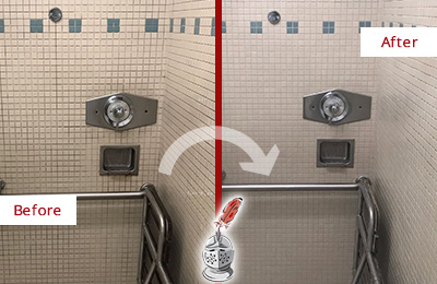 Sir Grout Houston Restores, Cleans and Seals this Grimy Hospital Shower to Remove Mold and Dirt Before and After Picture of a Grimy Hospital Shower Restored, Cleaned and Sealed to Remove Mold and Dirt