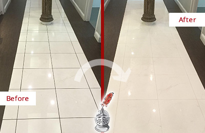Sir Grout Houston Restores, Cleans and Seals this Medical Center Floor to Remove Stains Before and After Picture of a Medical Center Floor Restored, Cleaned and Sealed to Remove Stains