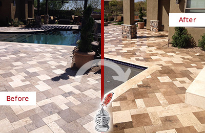 Sir Grout Hones and Polishes this Worn-Out Travertine Pool Deck Before and After Picture of a Worn-Out Travertine Pool Deck Honed and Polished