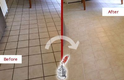 Before and After Picture of a New Waverly Kitchen Tile and Grout Cleaned to Remove Embedded Dirt